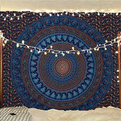 Bless International Indian-hippie-gypsy Bohemian-psychedelic Cotton-mandala Wall-hanging-tapestry-multi-color Large-mandala Hippie-tapestry (Blue Gold, King (88x104Inches)(225x265Cms)) - color: Blue Gold, size: 104"L x 88"W