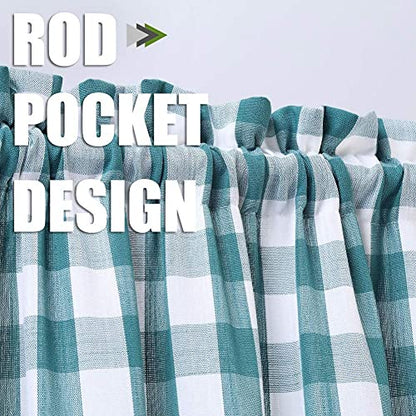 Amzdecor Teal White Buffalo Plaid Valance Semi Sheer Cafe Curtain 55"x15" - color: Teal/White