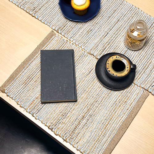 Chardin Home Natural Jute Placemats, Sky Blue-White, Set of 4, 13x19 in - color: Natural Jute-sky Blue-white, size: 13x19 Inch.