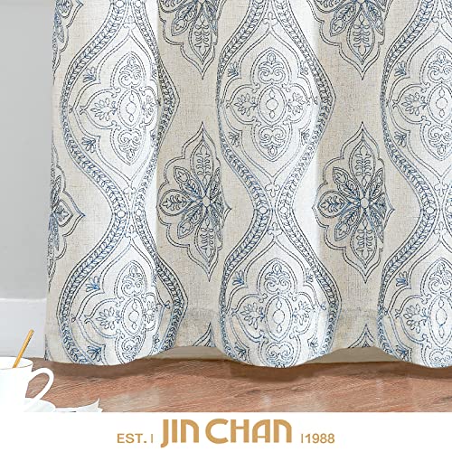 jinchan Boho Floral Linen Curtains 84 Inch Blue on Ecru Grommet 2 Panels - color: Damask Blue, size: 50"W x 84"L (Pack of 2)