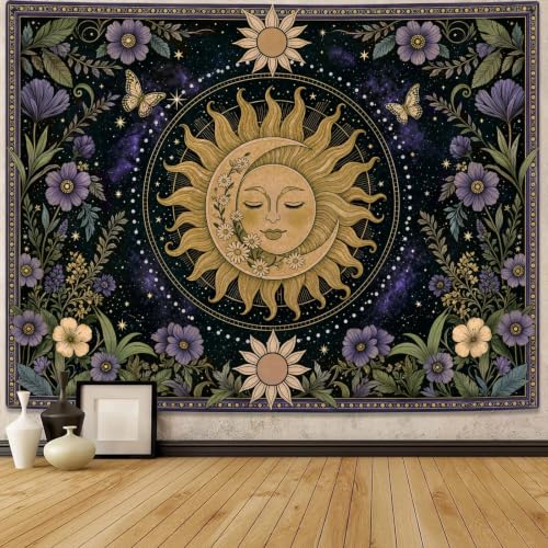 Aipon Boho Vintage Sun and Moon Hippie Purple Floral Tapestry 80 x 60 Inch - color: Dark Green Sun, size: 80"L x 60"W