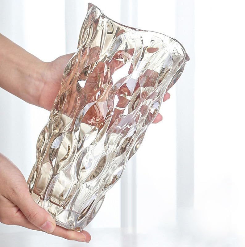 Luxury Tall Glass Vase, Premium Geometric Shape Flower Vase - White Textured Surface Home Decor, Decorative Modern Farmhouse, Ideal for Shelf, Mantle, Table & Entryway Decor, Clear