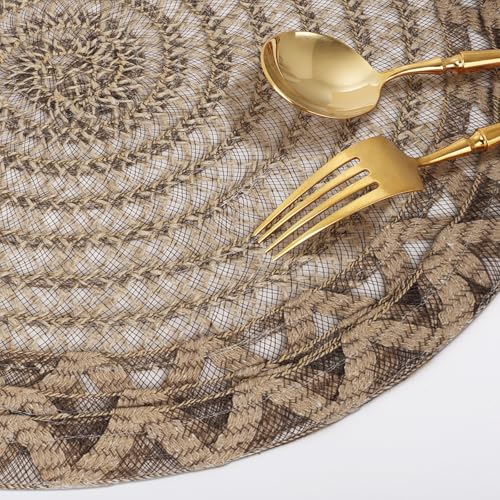 fanquare Coffee 15" Round Burlap Placemats for Dining Table, Set of 6 Jute Woven Table Mats with Braided Wave Rim, Heat Resistant Rustic Boho Chargers - color: Coffee