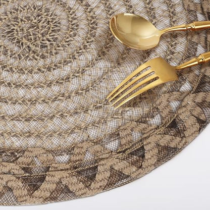 fanquare Coffee 15" Round Burlap Placemats for Dining Table, Set of 6 Jute Woven Table Mats with Braided Wave Rim, Heat Resistant Rustic Boho Chargers - color: Coffee