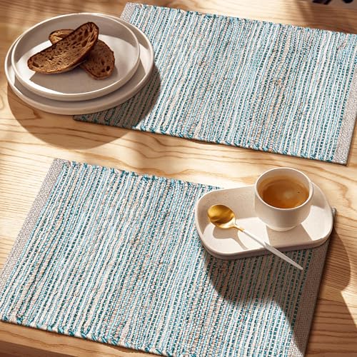 Cotton/Jute Placemats Set of 4-13x19 Inch,Natural-Aqua Turquoise - color: Natural - Aqua Turquoise