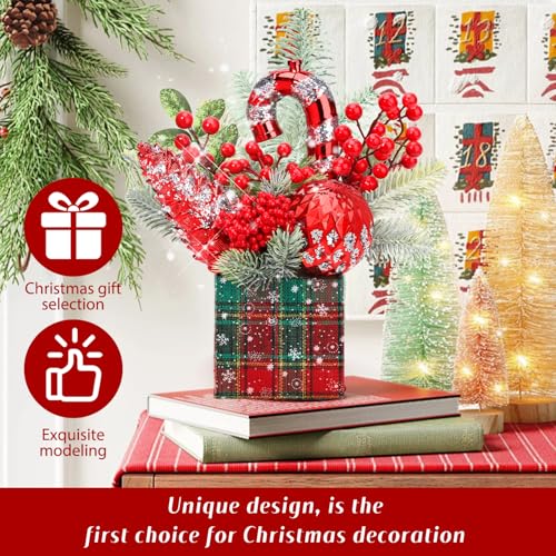 Small Christmas Tree Tabletop Artificial Mini Christmas Tree Decorations with Holiday Ornaments Red Berry Pine Cone Greenery for Home Indoor Fireplace Mantel Xmas Decor (Large-Square-Red) - color: Large-square-red