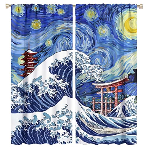 Japanese Asian Art Blackout Curtains for Bedroom,Blue Anime Ocean The Great Waves Fantasy Starry Sky Torii Window Drapes - Thermal Insulated and Noise Reduction,2 Panels 72L x 31.5Ws - color: Japanese Asian Art, size: 31.5"W x 72"L (Pack of 2)