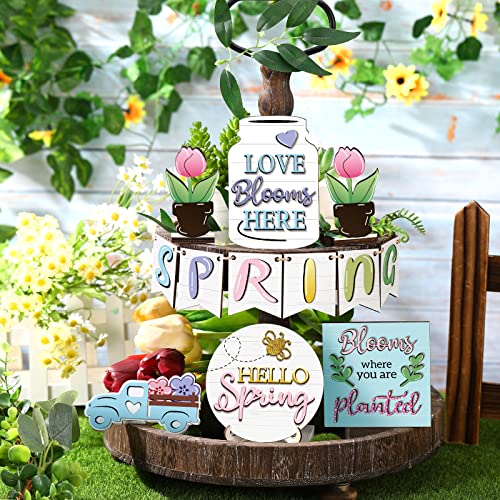 Patelai Spring Tiered Tray Decor Set Wooden Pastel Hello Spring Decor Truck Tulip Flower Table Signs Rustic Farmhouse Tiered Tray Decoration for Home Tabletop Living Room Kitchen Decorations - style: Spring
