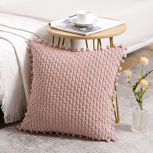 Fancy Homi 2 Packs Dusty Pink Decorative Throw Pillow Covers 16x16 Inch with Pom-poms for Couch Bed Sofa, Modern Farmhouse Boho Home Decor, Soft Cute Plush Corduroy Blush Cushion Case 40x40 CM - color: Dusty Pink, size: 16" x 16" (Pack of 2)