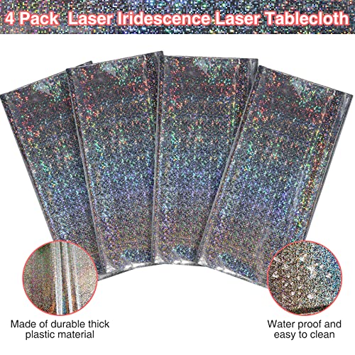 FunnyPars 4 Pack Iridescent Plastic Tablecloths Shiny Disposable Laser Rectangle Table Covers Holographic Foil Tablecloth Iridescent Party Decoration Birthday Bridal Wedding Christmas 54"x108"(Silver) - color: Silver
