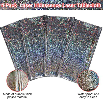 FunnyPars 4 Pack Iridescent Plastic Tablecloths Shiny Disposable Laser Rectangle Table Covers Holographic Foil Tablecloth Iridescent Party Decoration Birthday Bridal Wedding Christmas 54"x108"(Silver) - color: Silver