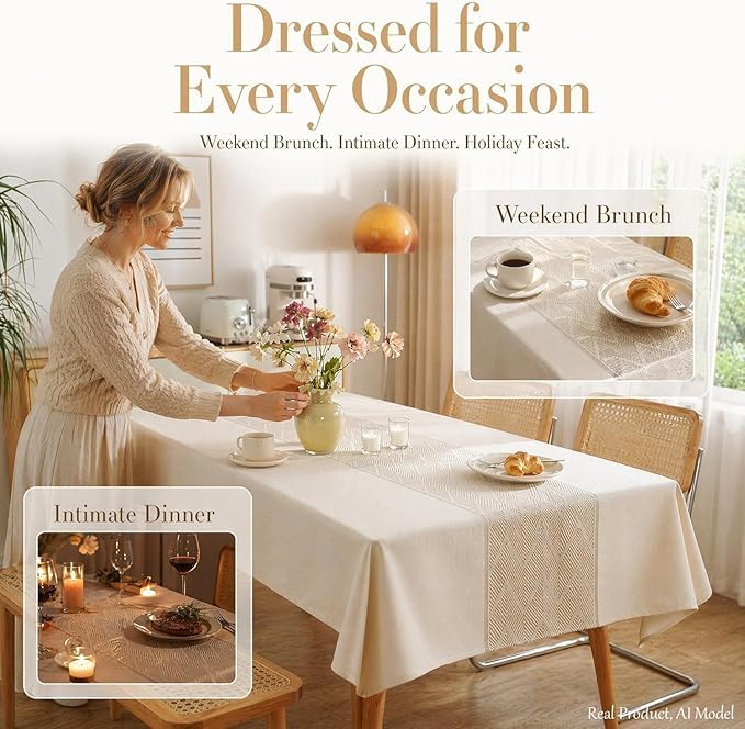 Nordic Faux Linen Tablecloth, Rectangle Modern Cream Beige Cover - color: Beige Bd, size: 55"x86"fits 6-8 seats (table length 62"-68")