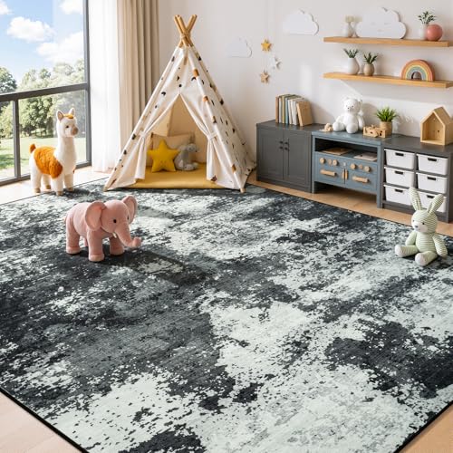 Merelax 5x7 Back Grey Washable Area Rug Non-Slip Faux Wool Abstract Rug - color: Black Grey, size: 5' x 7'(60''x84'')