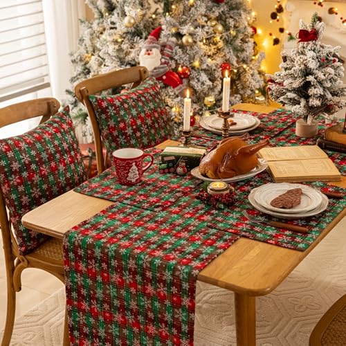 AQOTHES Christmas Plaid Placemats Set of 4 Big Snowflake 12x18 Table Decor - color: Green Big Plaid Snowflake