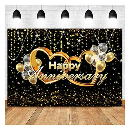 Happy Anniversary Backdrop Black and Gold Balloons Photography Background Poster for Wedding Anniversary Party Birthday Party Decorations Banner 7x5ft - size: 7X5FT(210x150cm)