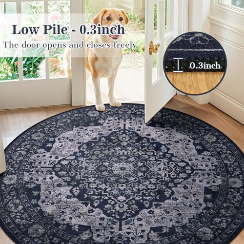 nesrt Boho Vintage Round Rugs 6ft for Living Room, Non-Slip Washable Circle Bedroom Rug, Soft Faux Wool Thin Printed Kids Nursery Floor Carpets for Dining Room Entryway Home Office Decor (Blue) - color: Blue, size: 6' (Round)