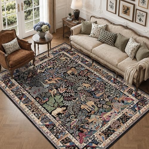 5x7 Washable Area Rug Vintage Animals Print Boho Indoor Carpet - color: Black/Multi, size: 5' x 7' (Rectangular)