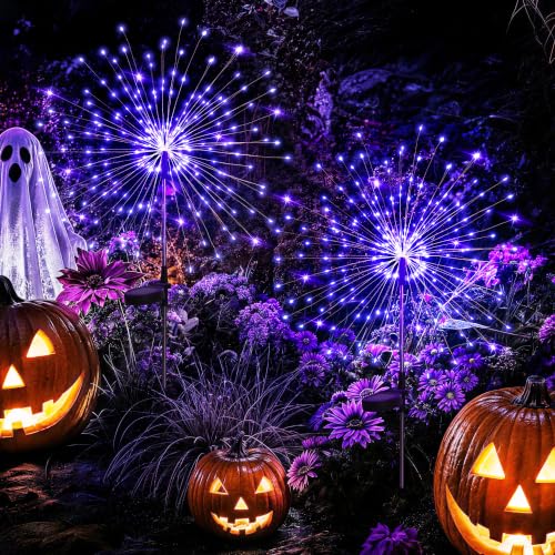 GIGALUMI 2 Pack Solar Firework Lights Outdoor, Halloween Decor, Purple - color: Purple, size: 2 PACK