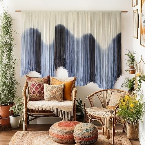 Macrame Wall Hanging Blue Large Hand-Dyed Ombre Fiber Tapestry 57"W*39"L - color: Blue