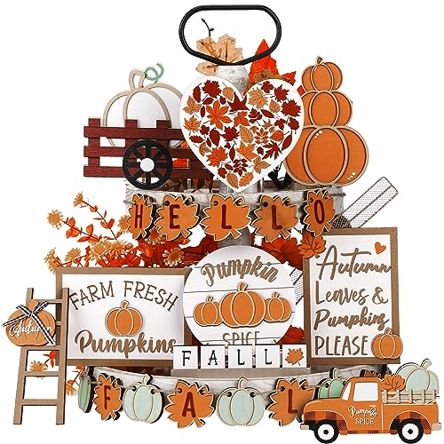 Maitys 23 Pcs Fall Tiered Tray Decor, Pumpkin Maple Leaf Truck Wooden Sign