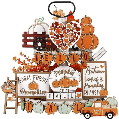 Maitys 23 Pcs Fall Tiered Tray Decor, Pumpkin Maple Leaf Truck Wooden Sign
