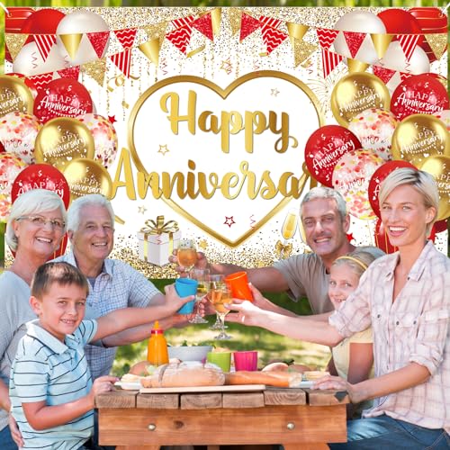 Red Gold Anniversary Party Decorations Happy Anniversary Banner Backdrop and 18Pcs Red Gold Happy Anniversary Balloons Anniversary Party Photography Background for Wedding Anniversary Party Supplies
