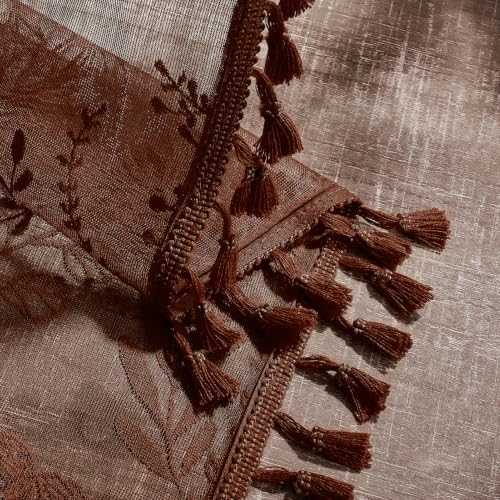 Kotile Brown Sheer Curtains 63 Inch Length, Floral Lace Window Panels - color: Brown, size: 52"W x 63"L (Pack of 2)