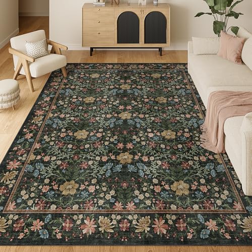 DUKINO 8x10 Area Rugs, Vintage Floral Washable Rug for Living Room, Black - color: Black, size: 8' x 10' (Rectangular)