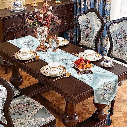 Elegant Table Runner 60" Thick Chenille Delicate Gorgeous Flower Pattern - color: Blue, size: 13x60"