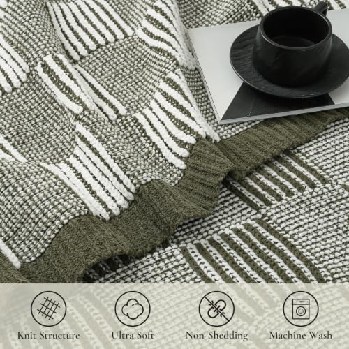 Amélie Home Checkered Knit Throw Blanket for Couch, Olive Green 50"x60" - color: Checkered Olive Green, size: 50" X 60"