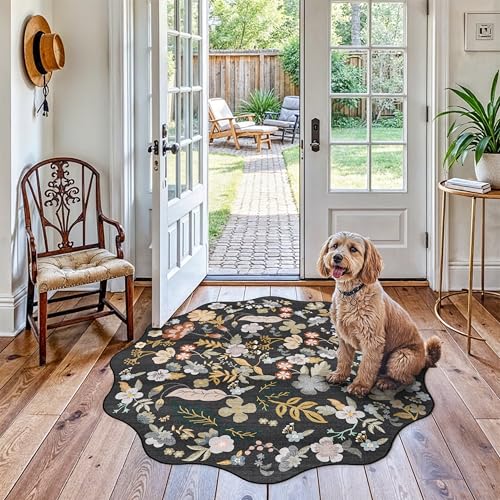 Washable Scalloped 4ft Round Rug: 4x4 Boho Floral Circle Area Rug Black - color: Black, size: 4' (Round)