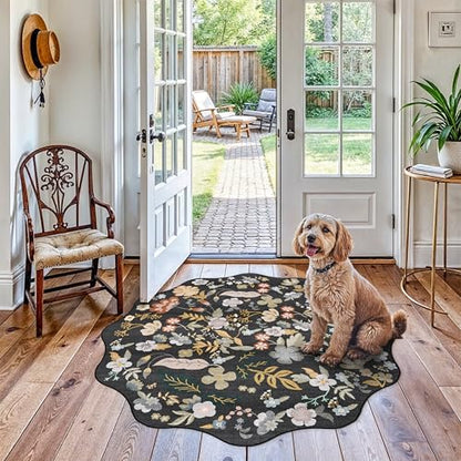 Washable Scalloped 4ft Round Rug: 4x4 Boho Floral Circle Area Rug Black - color: Black, size: 4' (Round)