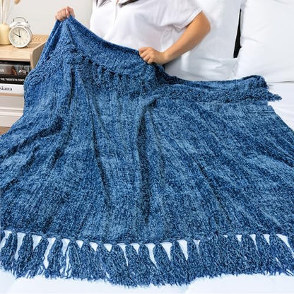 PAVILIA Chenille Throw Blanket, Knit Twin Size Tassel Throw, Blue 60x80 - color: Blue, size: 60 X 80 Inches - Twin