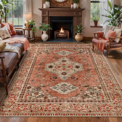 Tangsoo Boho 4x6 Area Rug for Living Room, Washable Non Slip Rug Terracotta - color: Terracotta/Tan, size: 4' X 6' (Rectangular)