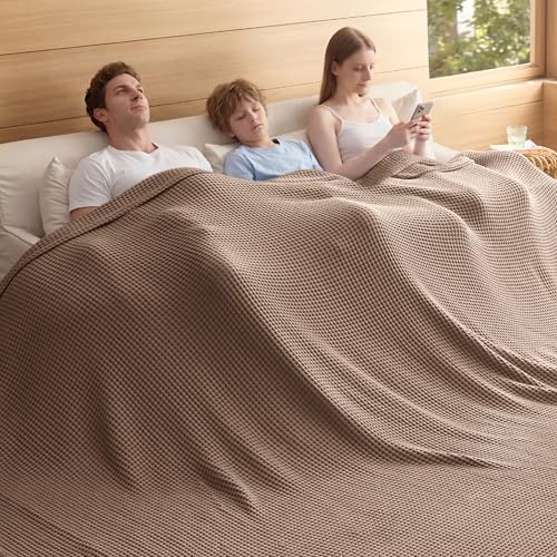 Bedsure Lightweight 100% Cotton Waffle Blanket, 120x94, Coffee Brown - color: Coffee Brown, size: Oversized King (120" X 94")
