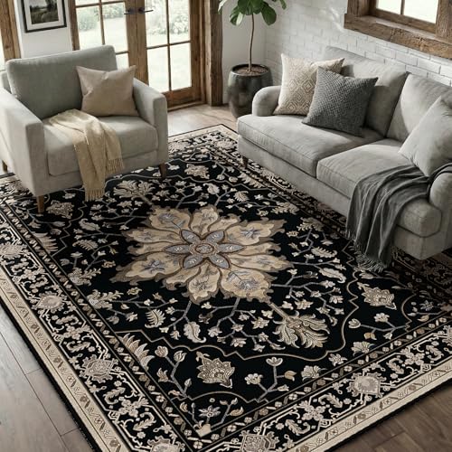 RELEANY Washable Area Rug, 5'x7', Black/Neutral - color: Black/Neutral, size: 5' x 7' (Rectangular)