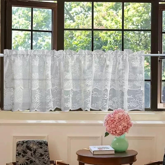 White Lace Sheer Curtains with Valance 18 Inches Long for Living Room Bedroom, Rod Pocket Vintage Semi Sheer Floral Embroidered French Retro Decor Window Valance - size: 52"W x 18"L (Pack of 1)