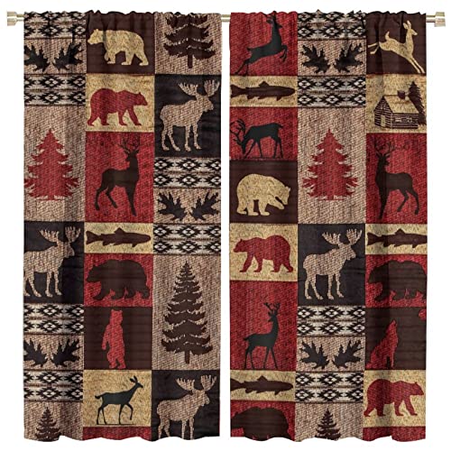 Vintage Check Black Bear Blackout Curtains - Rustic Country Farmhouse Cabin Elk Tree Plaid Rod Pocket Window Treatment Set Energy Saving Thermal Insulated Drapes,2 Panels 45L x 21W - color: Vintage Check Black Bear, size: 21"W x 45"L (Pack of 2)