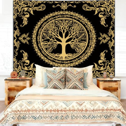 Black Golden Boho Tapestry for Bedroom, Hippie Tree of Life Wall Tapestries - color: H - Black Golden Tapestry, size: 60"L x 51"W