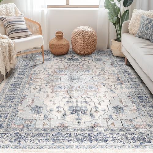 BESTSWEETIE Washable Boho 6x9 Area Rug, No Pile for Living Room, Beige Blue - color: Beige/Blue, size: 9' x 6' (Rectangular)
