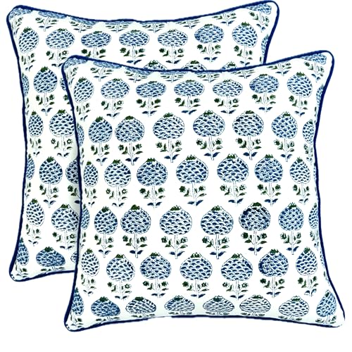ATOSII Cotton Blockprint Throw Pillow Cover, Roma Blue, Set of 2, 24 X 24 - color: Roma Blue, size: 24" x 24" (Pack of 2)