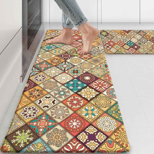 Boho Kitchen Rug Mats for Floor Cushioned Anti Fatigue Mexican Colorful Ceramic Tile Kitchen Rugs Sets of 2 Non Slip Waterproof Comfort Memory Foam Standing Floor Mat for Laundry Sink Desk - color: Warm Colorful, size: 46"Lx17"W+29"Lx17"W-0.3"H
