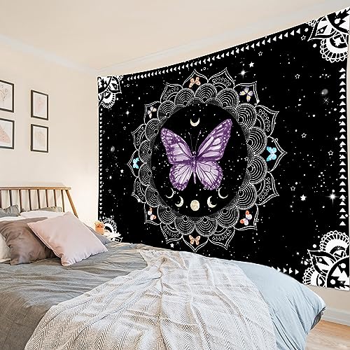 LB Butterfly Mandala Wall Tapestry Purple Butterfly Black and White Mandala Bohemian Tapestry Wall Hanging Star Moon Phase Aesthetic Wall Art Decor for Bedroom Living Room Home Decor 92.5Wx70.9L Inches - color: Purple, size: 70.9"L x 92.5"W