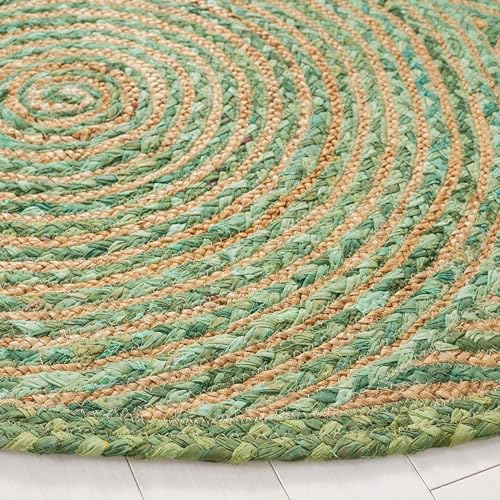 SAFAVIEH Cape Cod Collection Area Rug - 4' Round, Green & Natural, Handmade Boho Braided Circles Jute & Cotton, Ideal for the Living Room, Bedroom, Dining Room (CAP203Y-4R) - color: Green/Natural, size: 4' (Round)