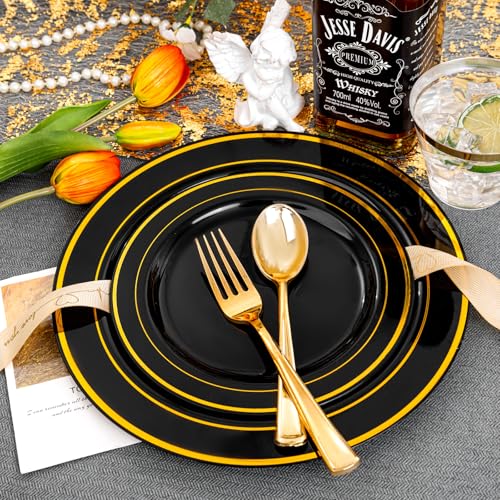 bUCLA 150 Pieces Black and Gold Disposable Dinnerware Set - 25 Guests Black Gold Plastic Plates Include 25 Dinner & 25 Dessert Plates, 25 Spoons, 25 Forks, 25 Knives, 25 Cups for Party & Graduation - color: Black/Gold