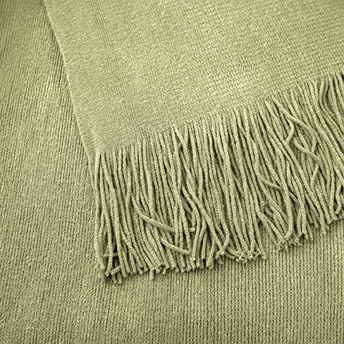 Vonty Olive Green Knitted Throw Blanket with Tassels Fringe, 50x60 Acrylic - color: Olive Green, size: 50" x 60"