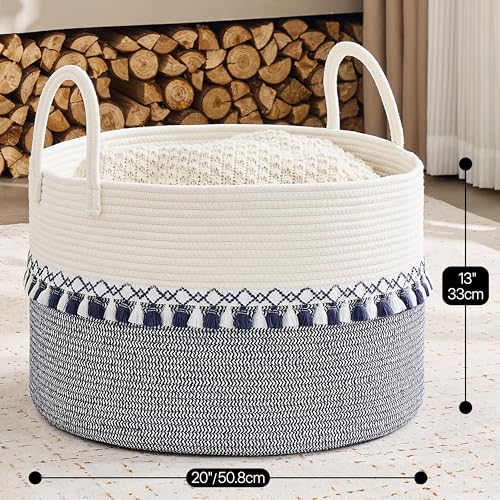 KAKAMAY Large Blanket Basket with Handles, Storage Basket for Living Room - color: White and Blue