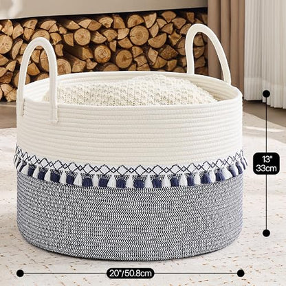 KAKAMAY Large Blanket Basket with Handles, Storage Basket for Living Room - color: White and Blue