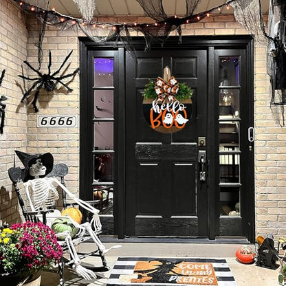 Halloween Ghost Wreath, Wooden Halloween Ghost Door Sign Wreath Decorations for Front Door Hanger