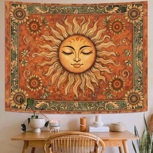 Faxdong Orange Sun Tapestry, Aesthetic Vintage Sunflower Boho Tapestries for Bedroom Room Living Room Bohemian Dorm Decor - color: Orange, size: 48"L x 36"W